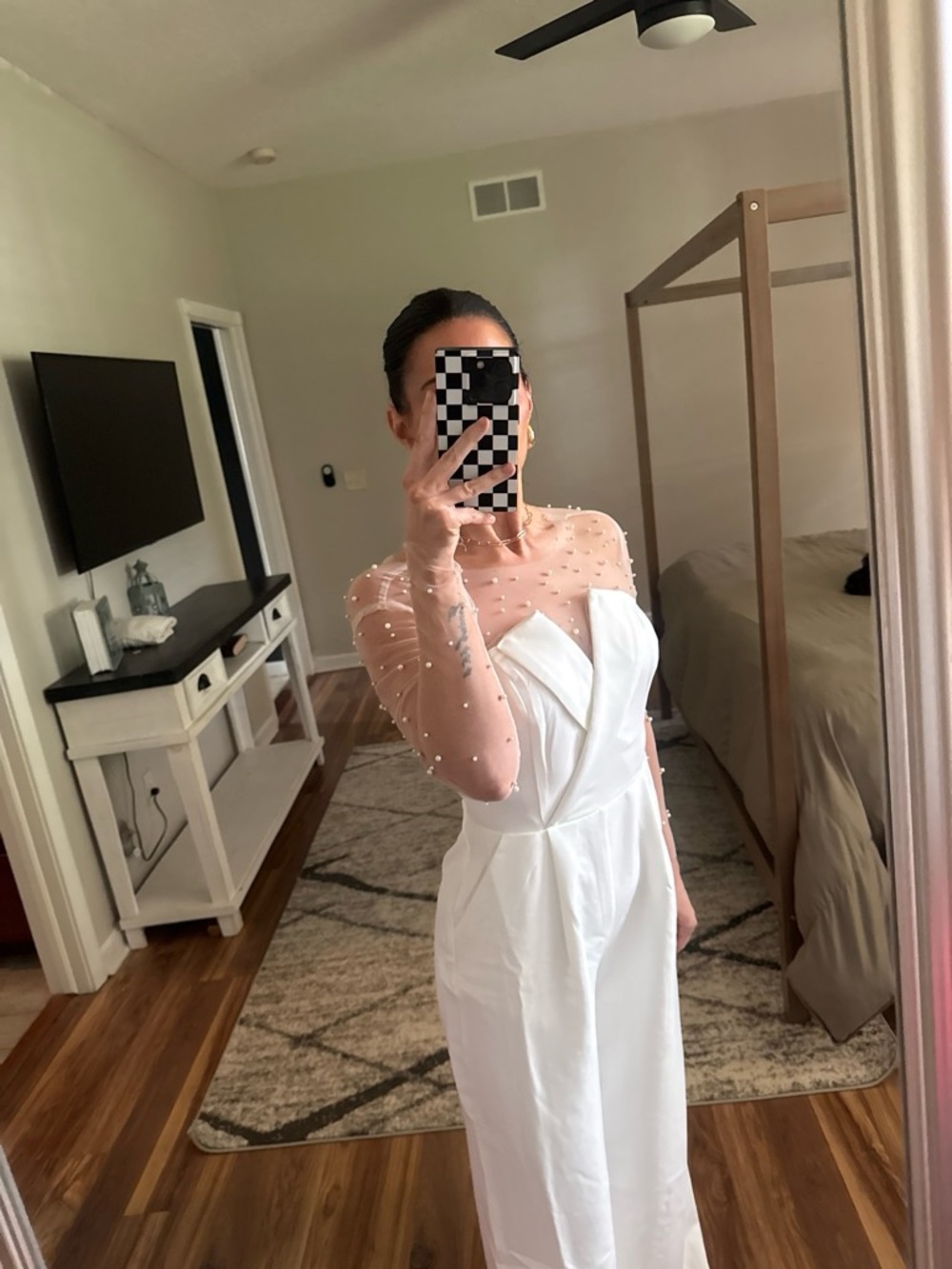 Pearl-Embellished White Wide-Leg Jumpsuit - Picture 2 of 5